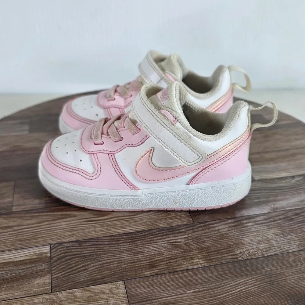 Nike Court Borough Low 2 Toddler Kids 7C Pink White Hook Loop Strap Sneakers